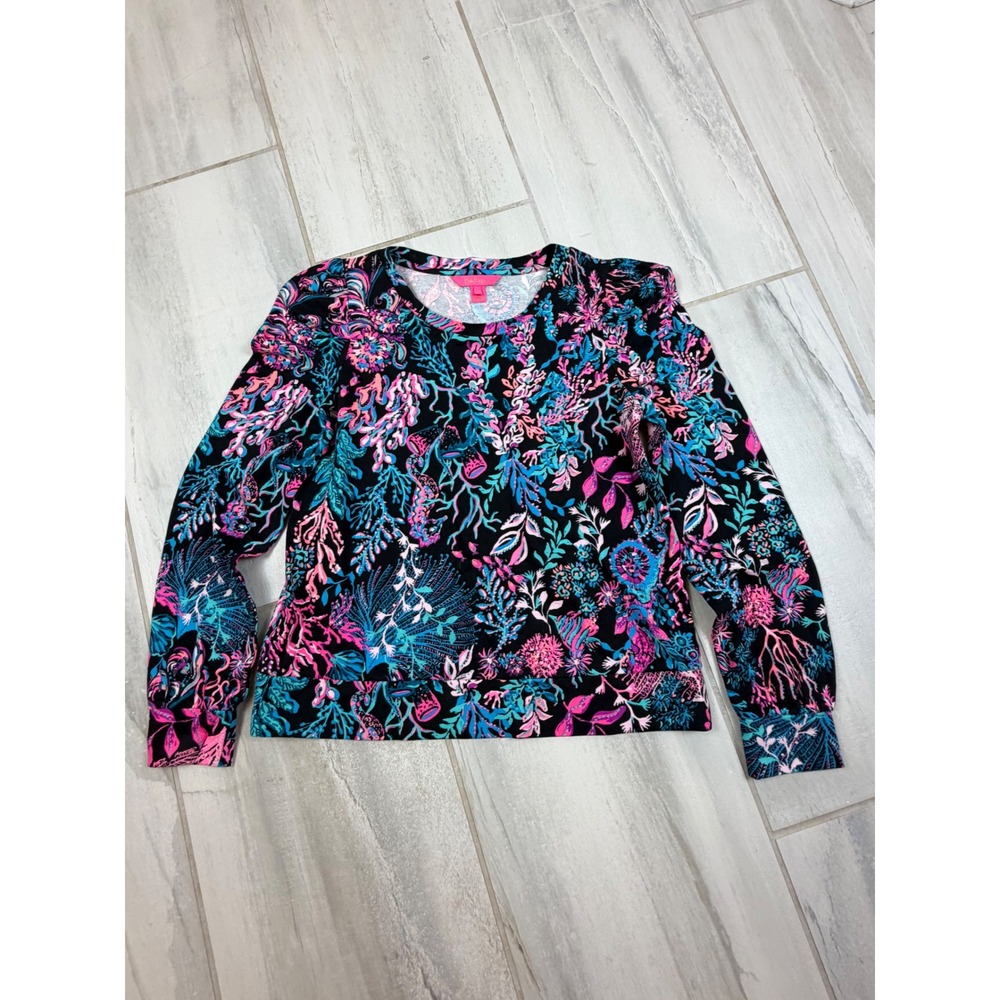 Lilly Pulitzer Etta Top Womens Medium Black Neon Pink Coral Floral Cotton Pullov